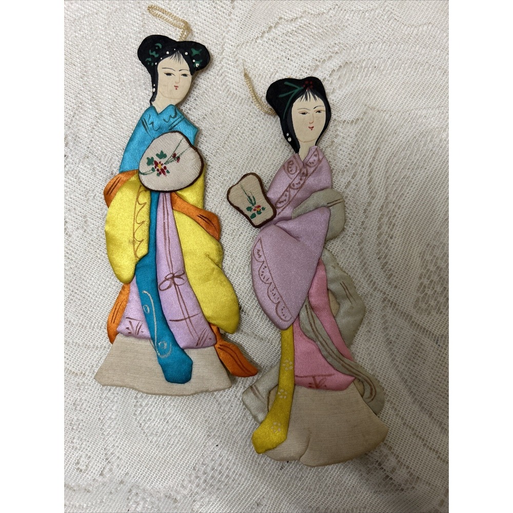 Christmas Ornament 2 Vintage Asian Paper & Silk Kimona China Dolls Geishas China